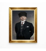 Tablore Siyah Takım Elbiseli Kalpaklı Atatürk Tablosu - Lüks Altın Çerçeveli Atatürk Duvar Sanatı