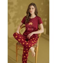 Kadın Desenli Bisiklet Yaka Düğmesiz Pamuklu Yazlık Kısa Kol Pijama Takımı (Bordo)