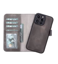 Apple iPhone 14 Pro Max Uyumlu Deri Cüzdanlı Kılıf MWWN VS4EF (Gri)