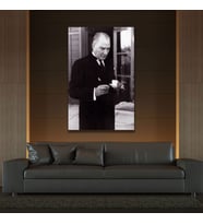 Tekli Dikey Kanvas Ofis Tablosu Kahve İçen Atatürk Portresi