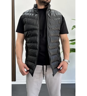 Erkek Slim Fit Fermuarlı Suni Deri Yelek Siyah Edw088
