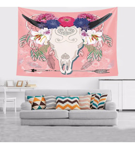 Boğa Kafatası Çiçek Desen Leke Tutmaz Kadife Dokulu Kumaş Duvar Örtüsü Duvar Halısı Tapestry (Pembe)