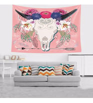 Boğa Kafatası Çiçek Desen Leke Tutmaz Kadife Dokulu Kumaş Duvar Örtüsü Duvar Halısı Tapestry (Pembe)