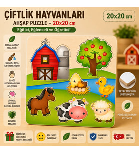 Çiftlik Hayvanları Ahşap Puzzle - Eğitici ve Öğretici Okul Öncesi Zeka Oyunu (20x20 cm)