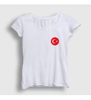 Presmono Kadın Beyaz Türk Bayrağı Ay Yıldız Yuvarlak Logolu T-Shirt 444759tt (Beyaz)