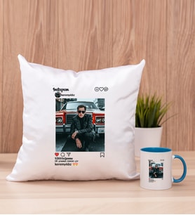 Kişiye Özel İnstagram Tasarım Fotoğraflı Kare Yastık ve Mavi Kupa