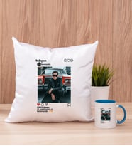 Kişiye Özel İnstagram Tasarım Fotoğraflı Kare Yastık ve Mavi Kupa