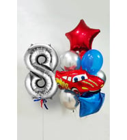 8 Yaş Şimşek Araba Temalı Balon Seti 76cm Gümüş Rakam Balonlu Yıldızlı Set