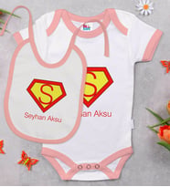 BK Kids Kişiye Özel Harfli Pembe Bebek Body Zıbın ve Mama Önlüğü Hediye Seti-1