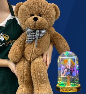 Kişiye Özel Renkli Led Işıklı Fanus ve Büyük Boy Kahverengi Peluş Ayıcık (Model 3)