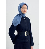 Jakarlı İpek Pamuk Dama Eşarp - 4464 (Mavi)