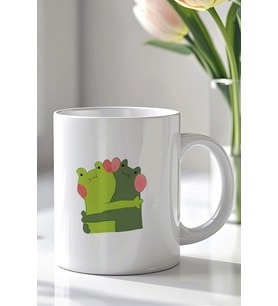 Sevimli Kurbağa Çifti Çizimli 330ml Baskılı Beyaz Seramik Kupa Bardak