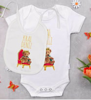 BK Kids Kişiye Özel Kral Tasarımlı Bebek Body Zıbın ve Mama Önlüğü Hediye Seti - Model 1