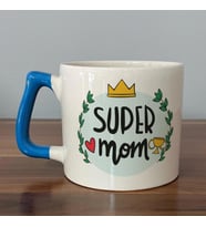 Super Mom Yazı Baskılı Mavi Kulplu D Kupa