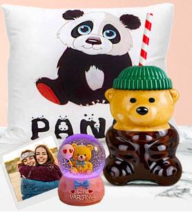 Kişiye Özel Bearista Yeşil Şapkalı Ayıcık Pipetli Bardak & Sevimli Panda Yastık & İyi Ki Varsın Panda Işıklı Kar Küresi