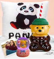 Kişiye Özel Bearista Yeşil Şapkalı Ayıcık Pipetli Bardak & Sevimli Panda Yastık & İyi Ki Varsın Panda Işıklı Kar Küresi