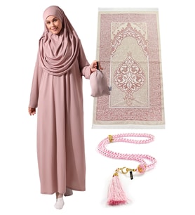 Tek Parça Namaz Elbisesi - Seccade - Tesbih - İbadet Seti Gül Kurusu
