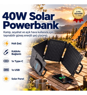 Solar Şarj 40W Güneş Enerjili Powerbank, Güç Ünitesi