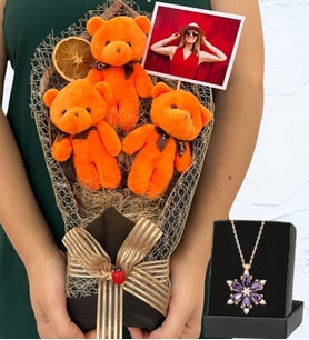 Fotoğraflı Büyük Boy 3'lü Tasarım Peluş Ayıcık Buketi ve Gerçek Ametist Taşlı Lotus Kolye (Model 4)