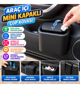 Araç İçi Takılarak Sabitlenebilen Mini Kapaklı Çöp Kovası