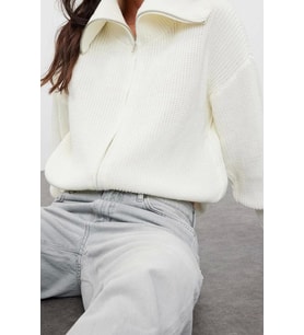 Kadın Modern Tarz Oversize Devrik Yaka Regular Triko Hırka (Ekru)