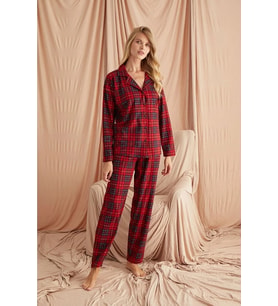 Ekose Süet Düğmeli Uzun Kol Pijama Takımı