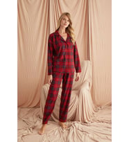 Ekose Süet Düğmeli Uzun Kol Pijama Takımı