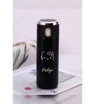 Kişiye Özel 450 ML Dijital Isı Göstergeli Kilitli Kapaklı Paslanmaz Çelik Hello Kitty Baskılı Termos (Siyah)