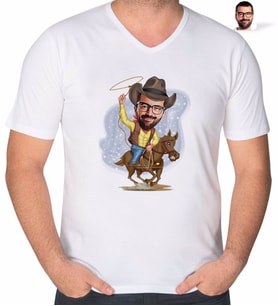 BK Gift Kişiye Özel Kovboy Karikatürlü V Yaka Tişört-2 (Beyaz)