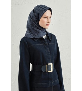 Jakarlı İpek Pamuk Dama Eşarp - 4464 (Lacivert)