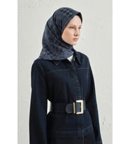 Jakarlı İpek Pamuk Dama Eşarp - 4464 (Lacivert)