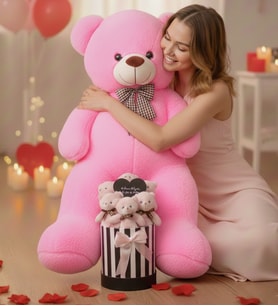 Sevgililer Günü Hediyesi 90 Cm Peluş Ayı + Aynalı Mesajlı Silindir Ayıcık Buketi  Romantik Sevgiliye Kıza Özel Set (Fuşya)
