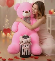 Sevgililer Günü Hediyesi 90 Cm Peluş Ayı + Aynalı Mesajlı Silindir Ayıcık Buketi  Romantik Sevgiliye Kıza Özel Set (Fuşya)