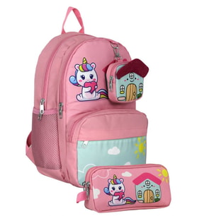Cennec UMT5051+UMT5053 Sırt Çantası ve Kalemlik Seti (Pembe Yeşil - Unicorn - Kız Çocuk)