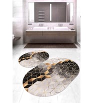 Dijital Baskılı Kaymaz Taban Yıkanabilir Oval 2'li Klozet Takımı Banyo Paspası NOKZ-HT-322 (Gold)