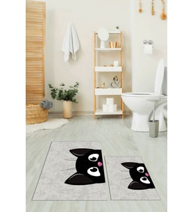EVDEYA Baskılı Yıkanabilir Kedi Desenli İkili Banyo Halısı Paspas Klozet Takımı, KLOZET-40-GRİ, (Gri)