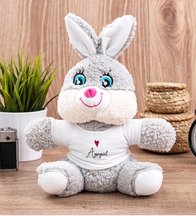 Kişiye Özel İsim Yazılı Minik Kalpli Peluş Tavşan (Gri)