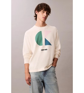 Calvin Klein Uzun Kollu Renk Bloklu Grafik Pamuklu Beyaz  Erkek Kazak LV04RC303G-YAS