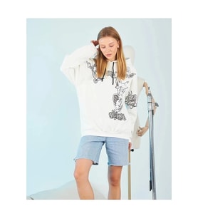 Kadın Oversize Kapüşonlu Baskılı 3 İplik Pamuklu Hoodie Sweatshirt - B