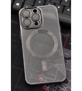 iPhone 13 Pro Uyumlu MagSafe Özellikli Siyah Renkli Kenarlı Lazerli Şeffaf Kılıf Lens Korumalı (Renksiz)