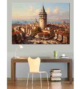 Havadan Galata Kulesi Şehir Panoraması Dekoratif Kanvas - Mdf Ahşap Tablo