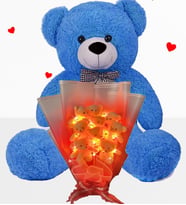Hediye Sevgiliye 90cm Büyük Ayıcık ve Ledli 9 Ayıcıklı Ayıcık Buketi Peluş Set (Koyu Mavi)