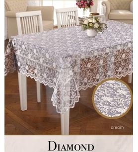 Dertsiz İşlemeli Daimond Model Krem 160x220cm Dantelli Tek Masa Örtüsü Yemek Masası