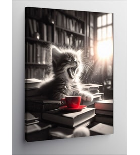 Kanvas Tablo Kırmızı Fincan Ve Esneyen Kedi
