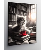 Kanvas Tablo Kırmızı Fincan Ve Esneyen Kedi