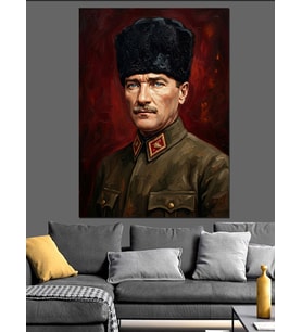 Atatürk Kalpaklı Nostaljik Yağlıboya Portre Dekoratif Kanvas - Mdf Ahşap Tablo