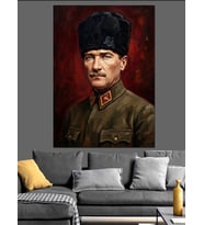 Atatürk Kalpaklı Nostaljik Yağlıboya Portre Dekoratif Kanvas - Mdf Ahşap Tablo