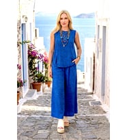 Saks Mavi Kırçıllı Pantolon Bluz İkili Takım