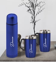 BK Gift Kişiye Özel Deri Çantalı Mavi Seyahat Termosu ve İkili Termos Mug Hediye Seti - 2