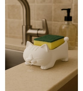 Dekoratif Beyaz Kedi Figürlü Sabunluk & Süngerlik Şık ve Sevimli Banyo & Mutfak Aksesuarı Çok Amaçlı 9 x 13 Cm